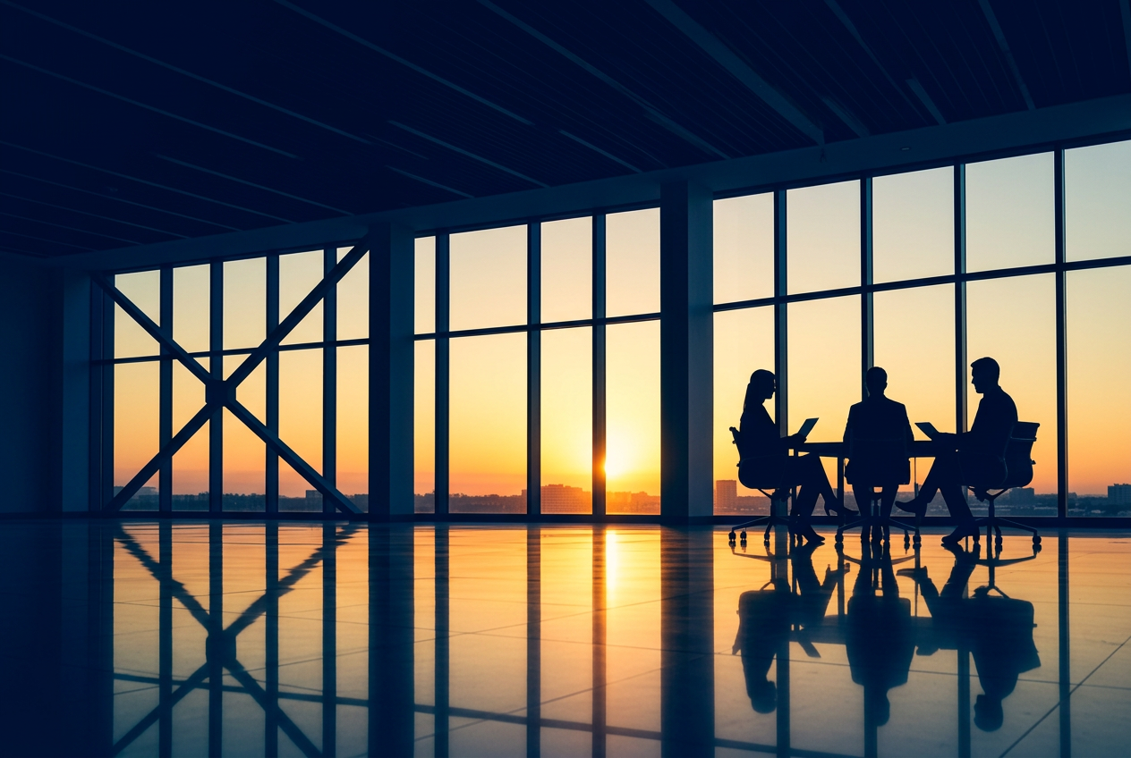 Executives meeting in silhouette at a boardroom window at sunrise